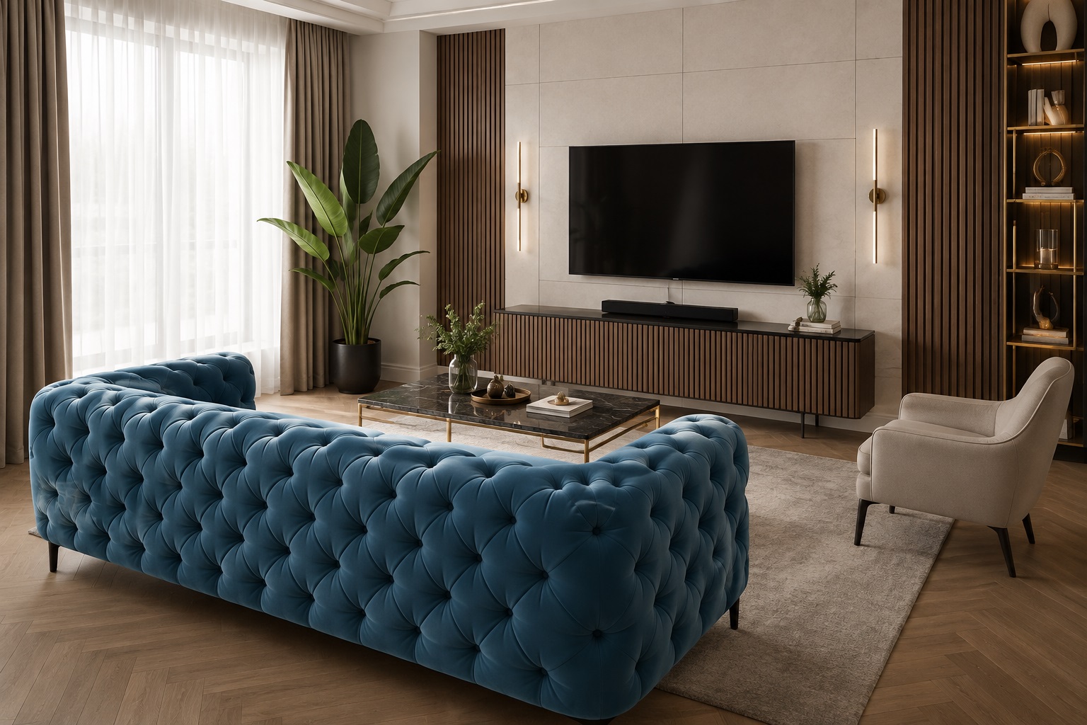 sofa na przeciwko telewizora pikowana w stylu moon